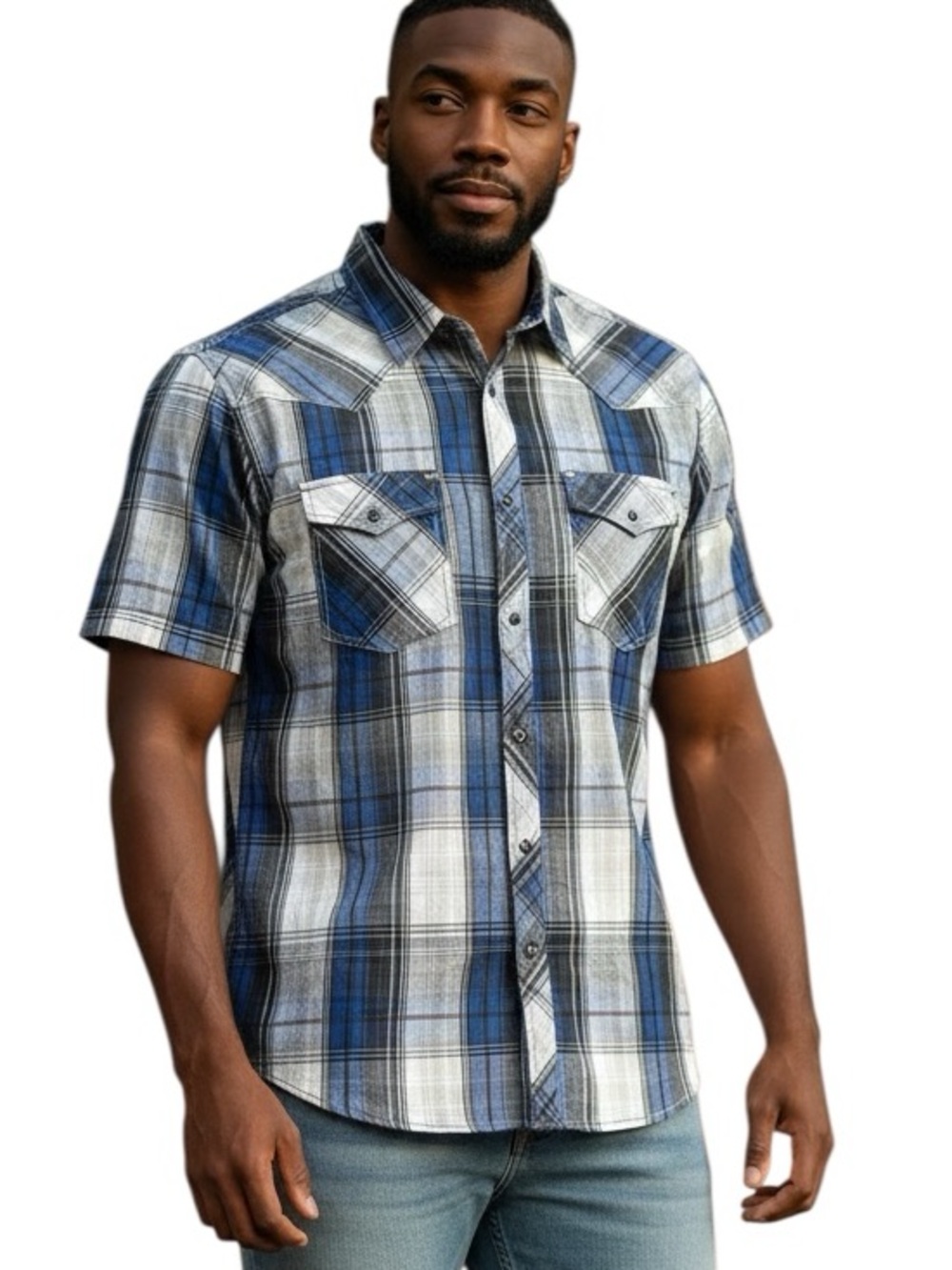 ROCK & ROLL COWBOY: Men’s Short Sleeve Blue Plaid Button-Down Shirt -Size XL